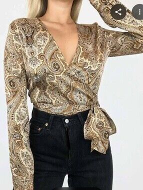 Talbots Fall 90s 100% Silk Paisley Print Long Sleeve Wrap Blouse Sz Small